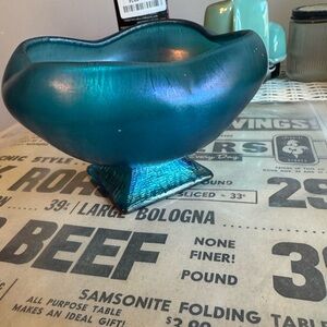 Northwood Celeste Blue Tree of Life Stretch Glass Footed Bowl Iridescent 1920's